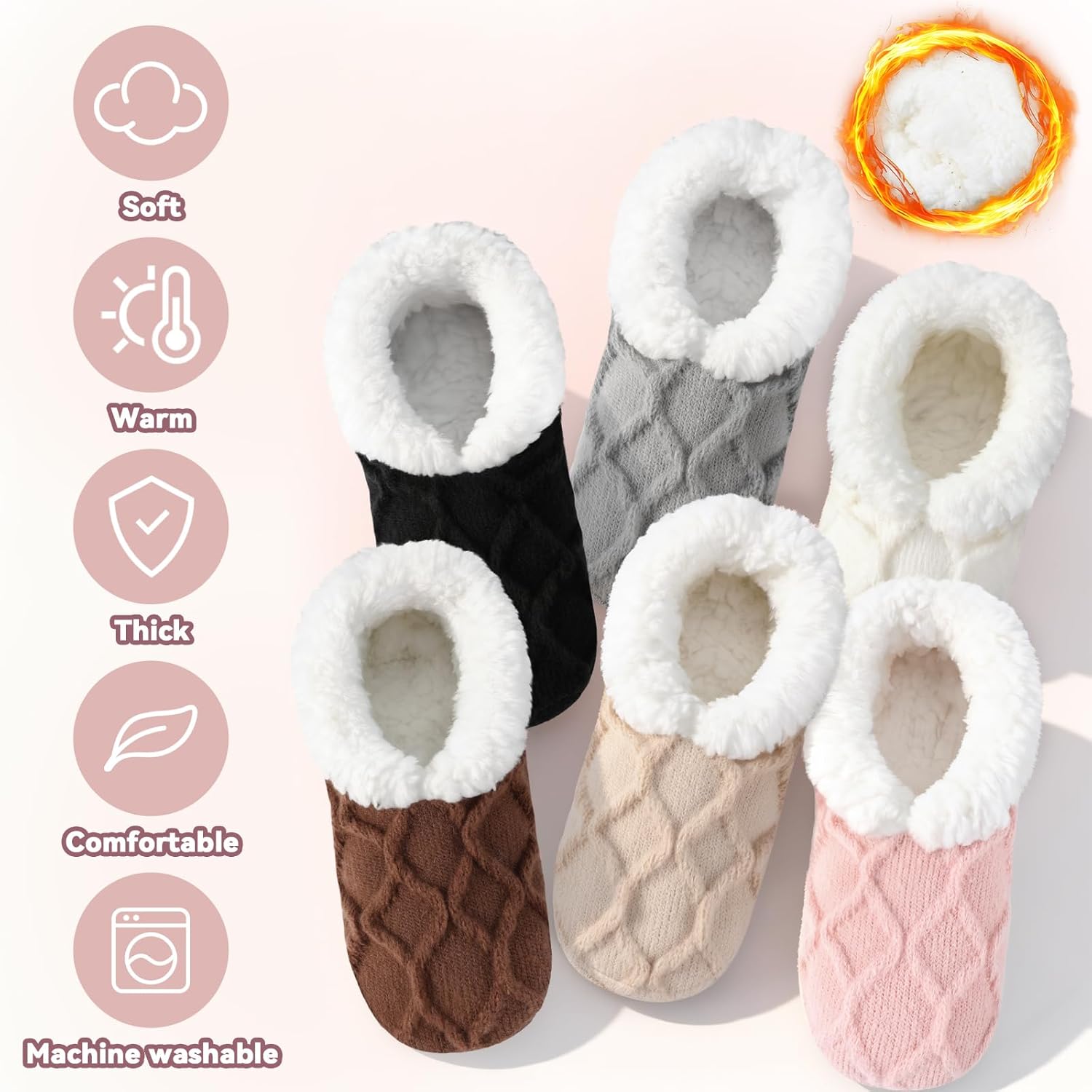 Toulite 6 Pairs Women Fuzzy Slipper Socks with Grippers Warm Sherpa Non Slip Sock for Valentines Gift Winter House Bedroom - Image 4