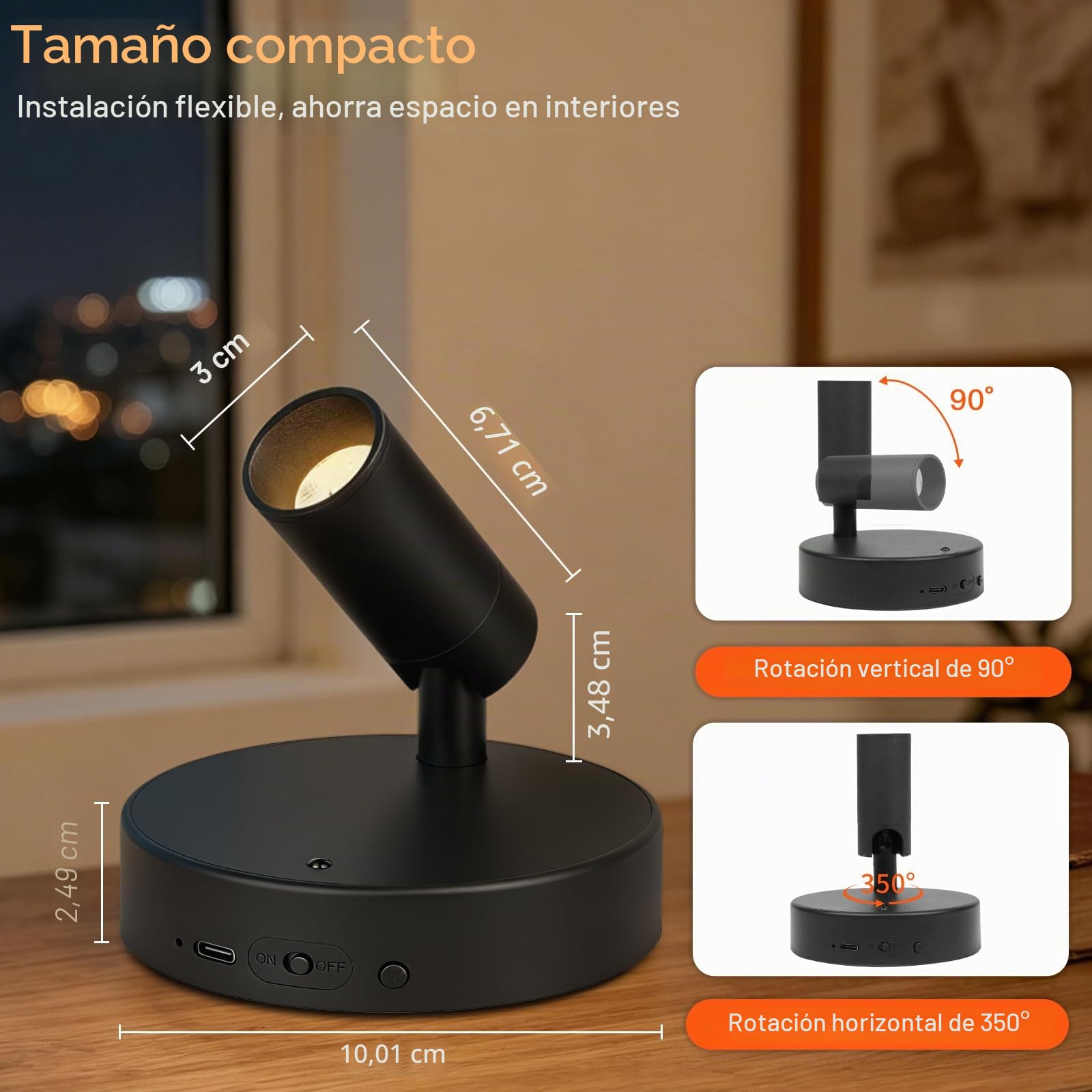 Ketom Aplique Pared Interior Regulable, Lampara Pared sin Cable, Foco LED Recargable, 3 Temperaturas de Color, con Control Remoto, Giratorio, para Planta Obras Arte Habitación Estar, Negro, 1 Pieza