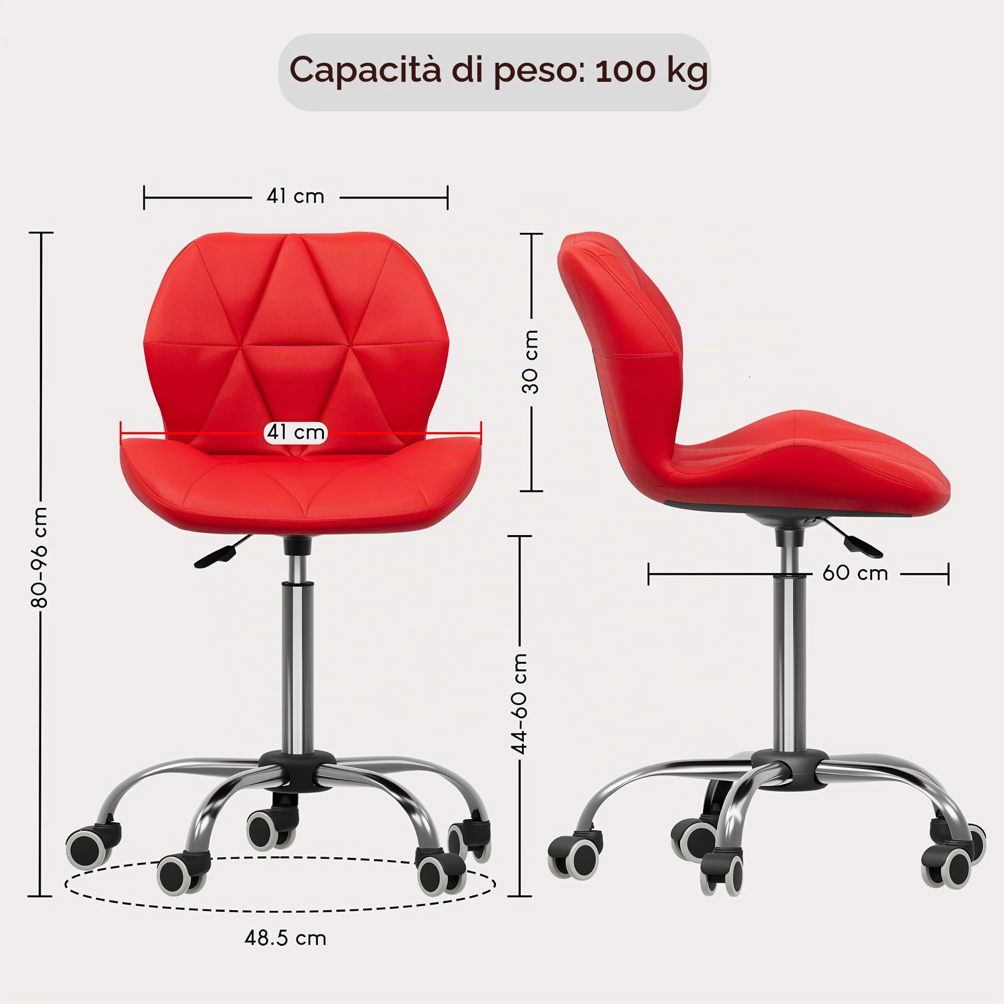 Vida Designs Geo Sedia da Ufficio per Computer, Colore Rosso, con Gambe Regolabili e Girevoli, H 80 96 x W 47.5 x D 49 cm