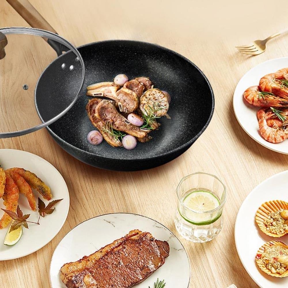 Woks und Pfannen zum Braten, antihaftbeschichteter Wok und Pfanne mit Deckel, 32 cm (12,6 Zoll) kratzfester Wok aus feinem Eisen, runder chinesischer Wok ohne Chemikalienbeschic,