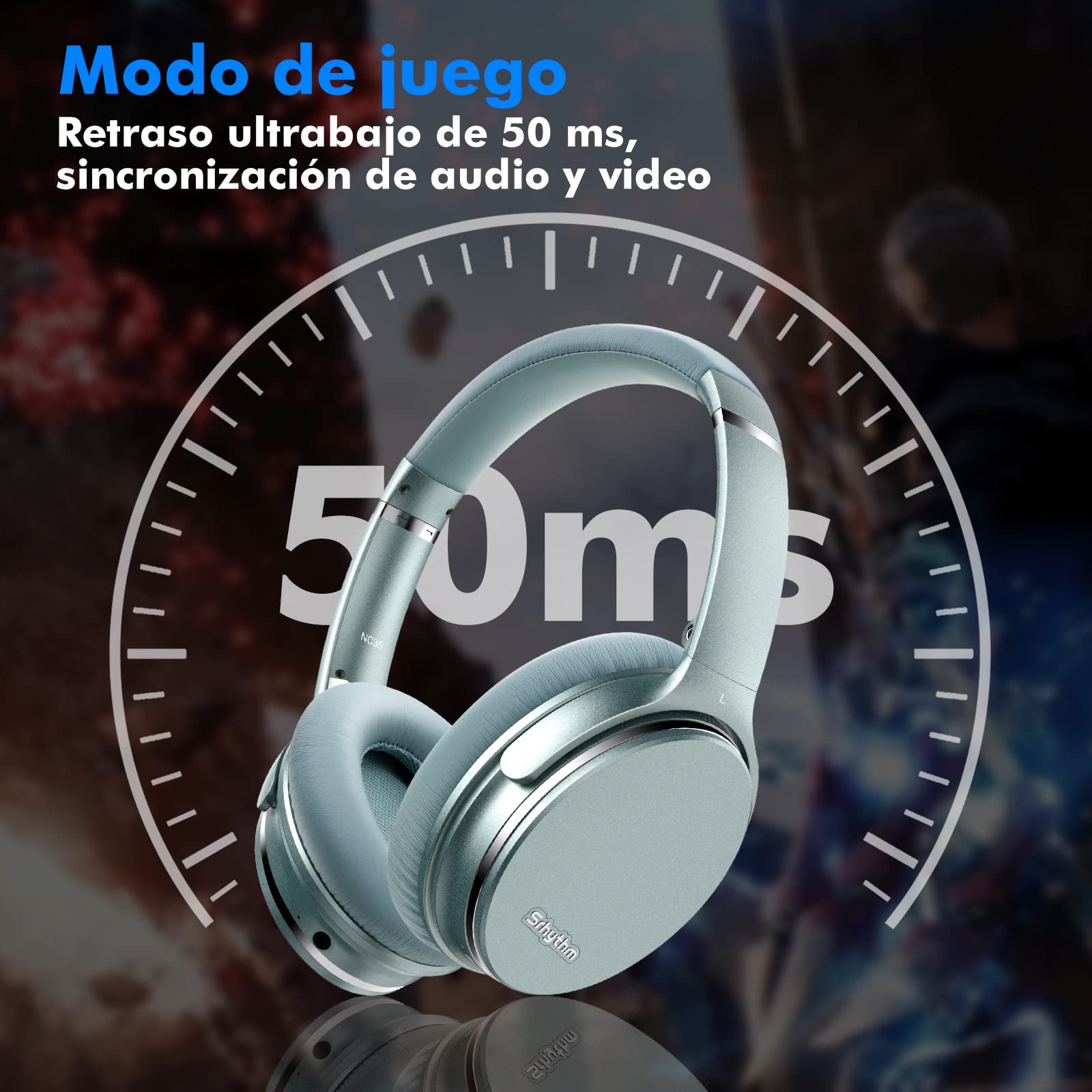 Srhythm NC35 ANC Over-Ear con Tipo-C Carga Rápida Mic,Plegable Auriculares Inalámbricos con Cancelación de Ruido Bluetooth 5.0,Llamada de Voz,Mega Bass,50+ Horas de Tiempo de Juego