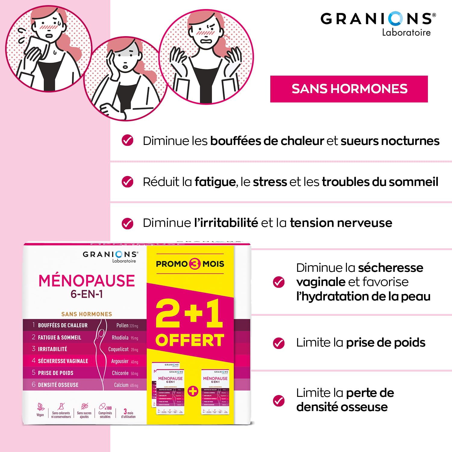 GRANIONS - MENOPAUSE 6-EN-1-3 MOIS | Menopause Bouffee de Chaleur et Poids - Ménopause Perte de Poids - Bouffees de Chaleur, Fatigue, Irritabilité, Perte de Poids, Densité Osseuse - 180 Comprimés