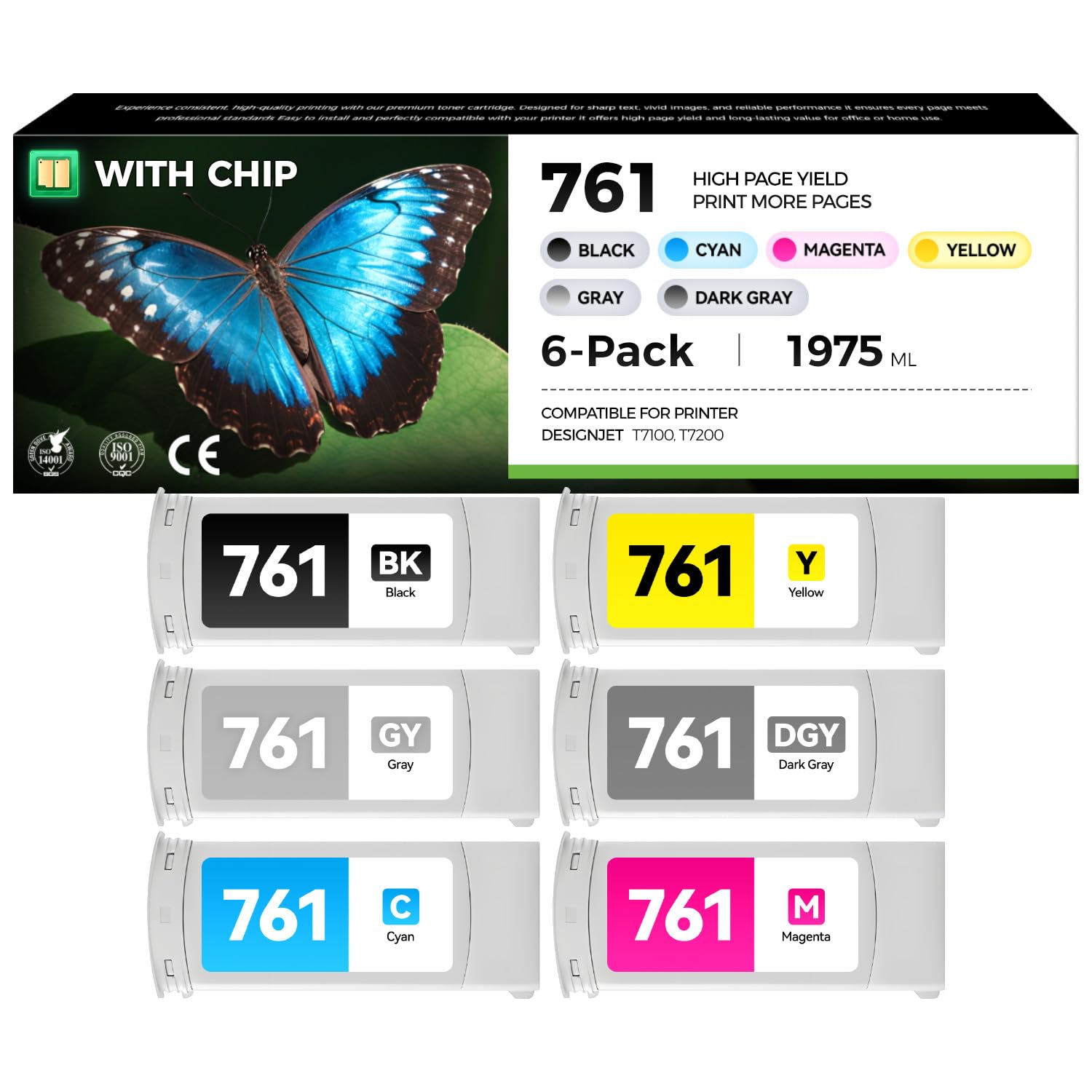 761 Ink Cartridge Set 6-Pack Compatible Replacement for HP 761 Ink CM997A CM992A CM993A CM994A CM995A CM996A Designjet T7100 T7200 Printer(Matte Black 775-ml+Yellow/Magenta/Cyan/Gray/Dark Gray 400-ml)
