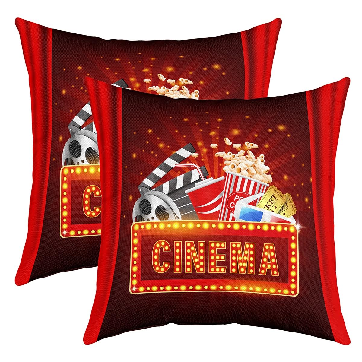 Loussiesd Movie Theater Decor Pillow Covers Home Decor Cinema Reversible Throw Pillow Covers for Movie Night Popcorn Square Cushion Covers Set of 2 Set Home Theater 22x22 Inch