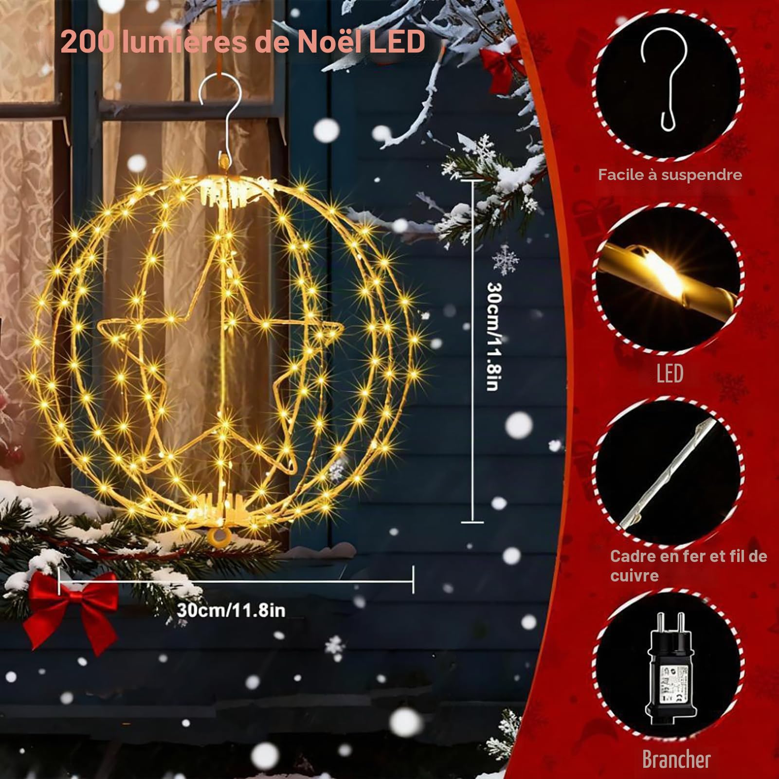Yowin 2 Pièces Boule Lumineuse Noël 30CM 200 LED Étoile Lumineuse avec Transformateur, Minuterie, 8 Modes Boule de Noël Exterieur Étanche Guirlande Lumineuse pour Jardin Decoration - Cadre Marron