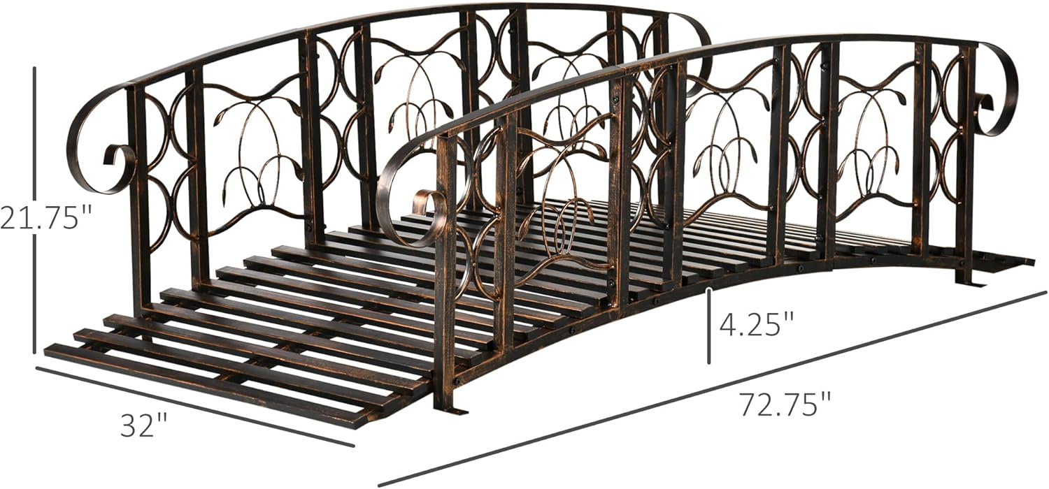 Outsunny 6' Metal Arch Backyard Garden Bridge with 660 lbs. Weight Capacity, Safety Siderails, Vine Motifs, Easy Assembly for Backyard Creek, Stream, Pond, Brown