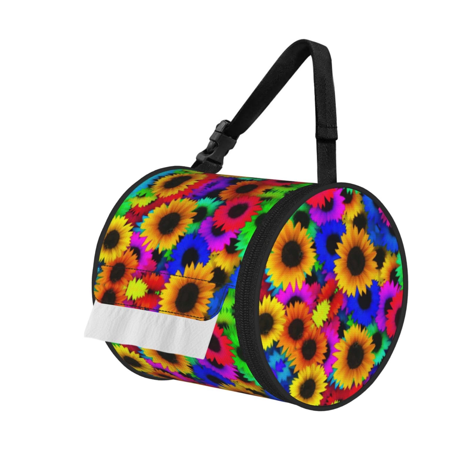 Rainbow Sunflower Print Cylinder Tissue Holder Bag With Strap, Portable Roll Dispenser Case For Car Rv Camping
