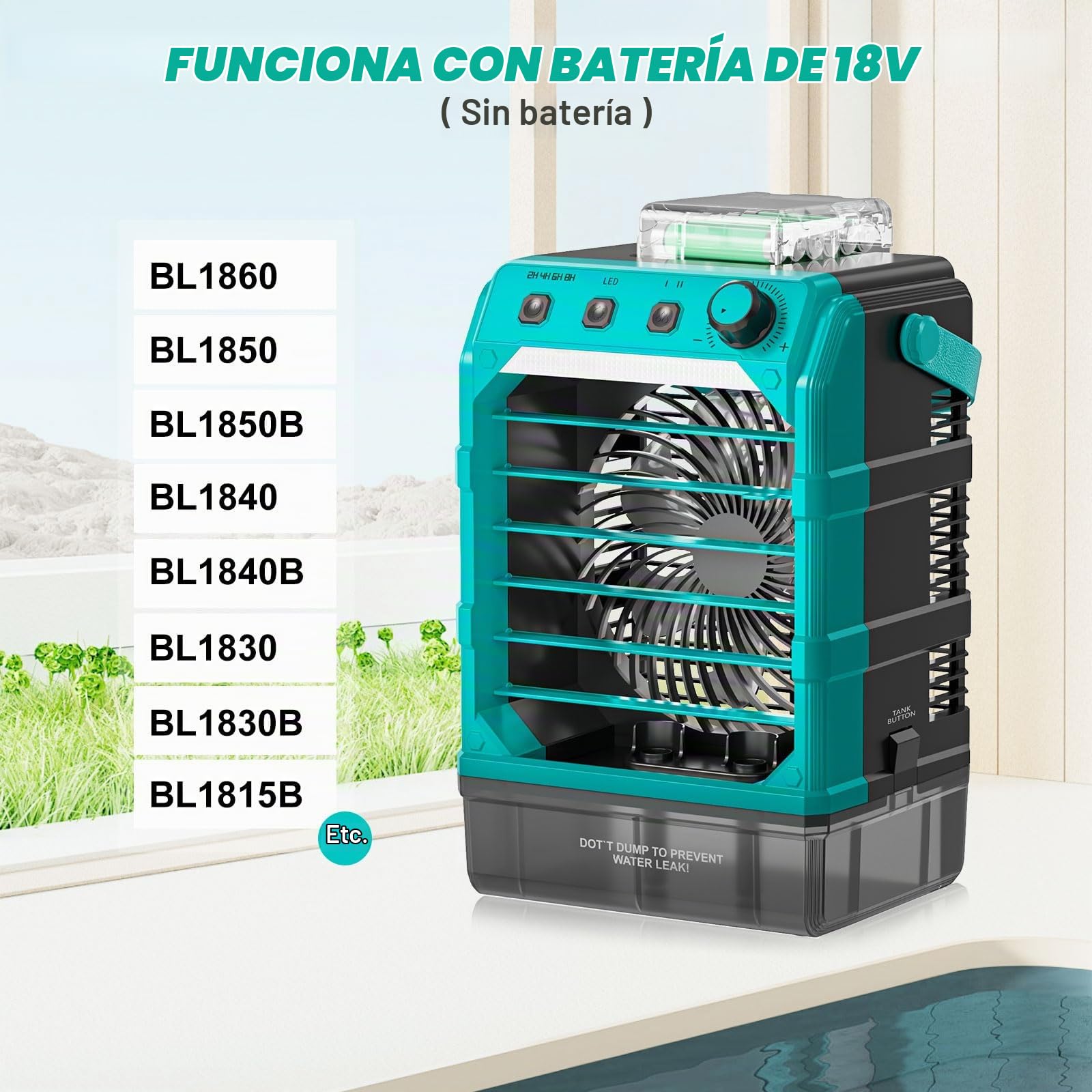 Ventilador con refrigeración por agua, compatible con batería Makita de 18 V y alimentado por USB, enfriador de aire móvil con refrigeración por agua, ventilador con humidificador para terraza, garaje