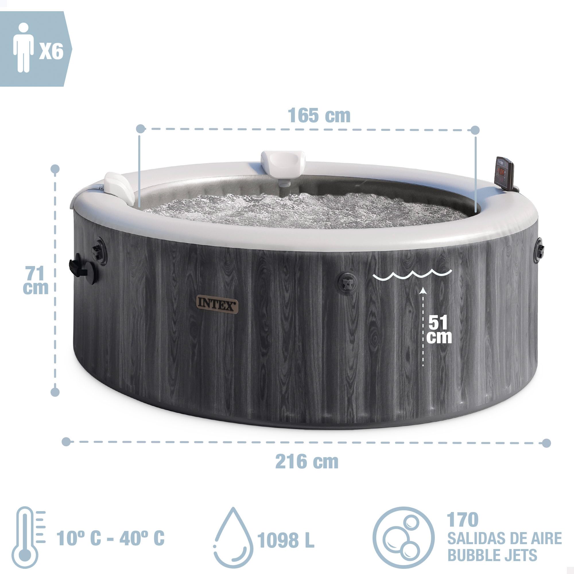 INTEX PureSpa Greywood Deluxe In- & Outdoor Whirlpool aufblasbar für 6 Personen 1098 L (216 x 71cm) - 170 Massagedüsen - 2200 W Heizsystem - APP Steuerung, Wasserenthärtungssystem & LED-Beleuchtung
