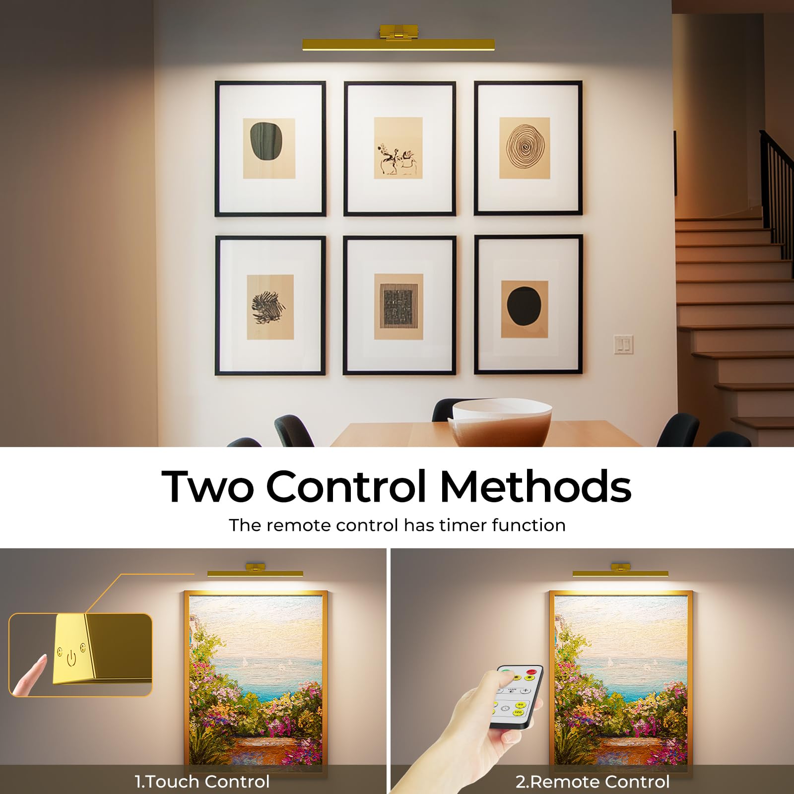AIBOO - Lámpara LED inalámbrica recargable con mando a distancia, 60 cm, iluminación de imagen inalámbrica, 6500 mAh, lámpara de pared interior, iluminación regulable (dorado)