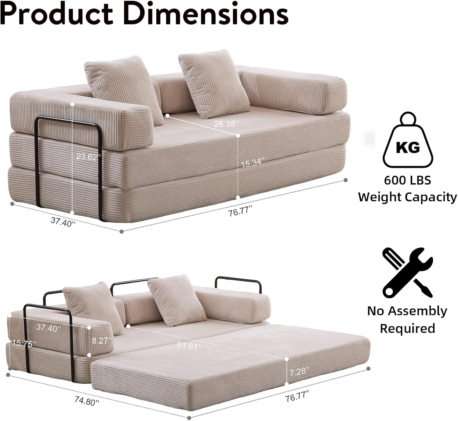 Corduroy Light Grey Folding Convertible King Size Sofa Bed with Pillows, Modern Floor Couch, 76.77"L x 37.4"W x 23.62"H