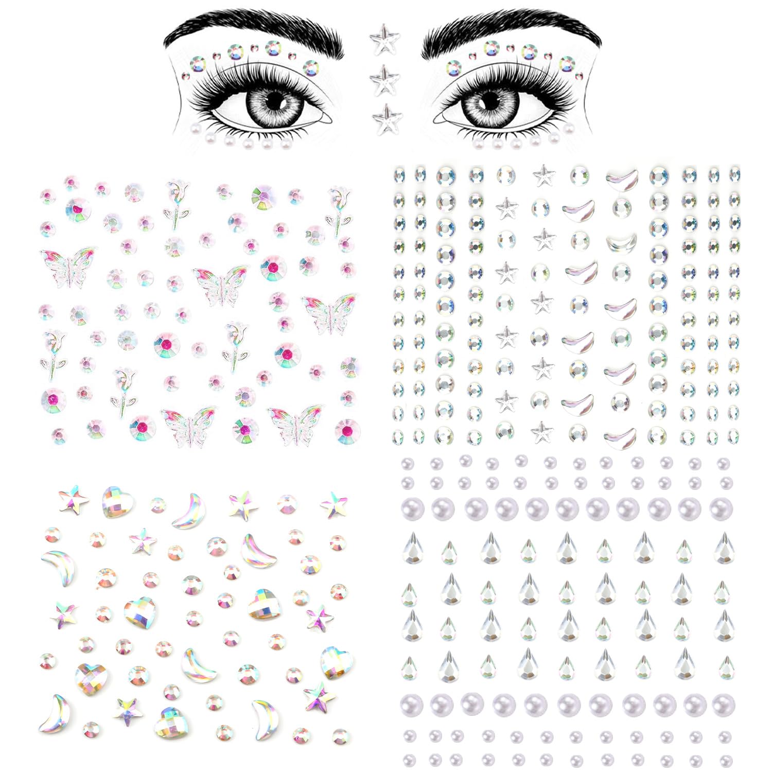 4 Blatt Gesichts-Strasssteine Selbstklebend – Harz-Steine Für Make-up, Festival, Karneval, In Verschiedenen Formen