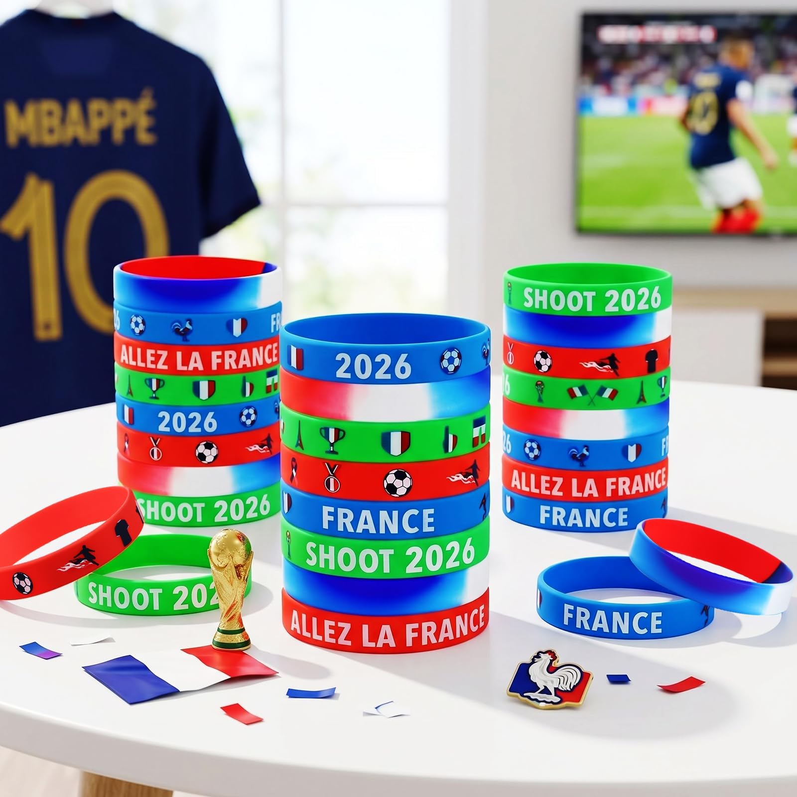24pcs Bracelet Football Silicone Coupe du Monde 2026 Wristbands Motif Drapeau France pour Fans Supporter France