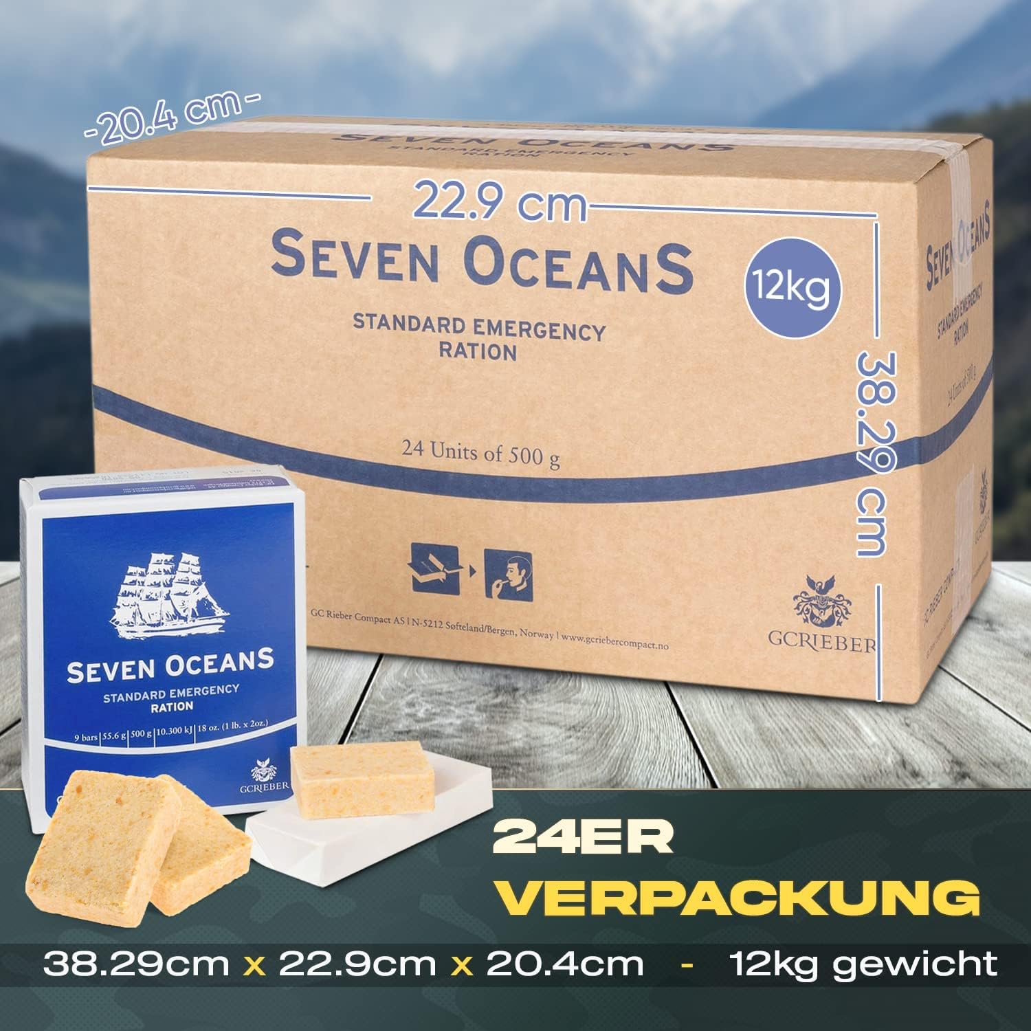 SEVEN OCEANS - Alimento di emergenza alimentare XXL [24 x 500 g] massima durata per scorte durature, per attività all'aperto, ricco di energia e calorie