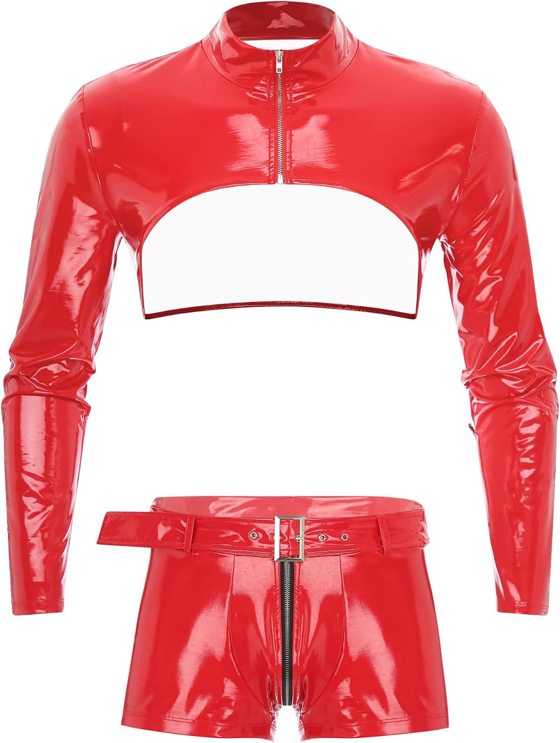 Alvivi Men's Sexy Patent Leather Outfits Long Sleeve Zip Up Crop Top with Boxer Shorts Clubwear