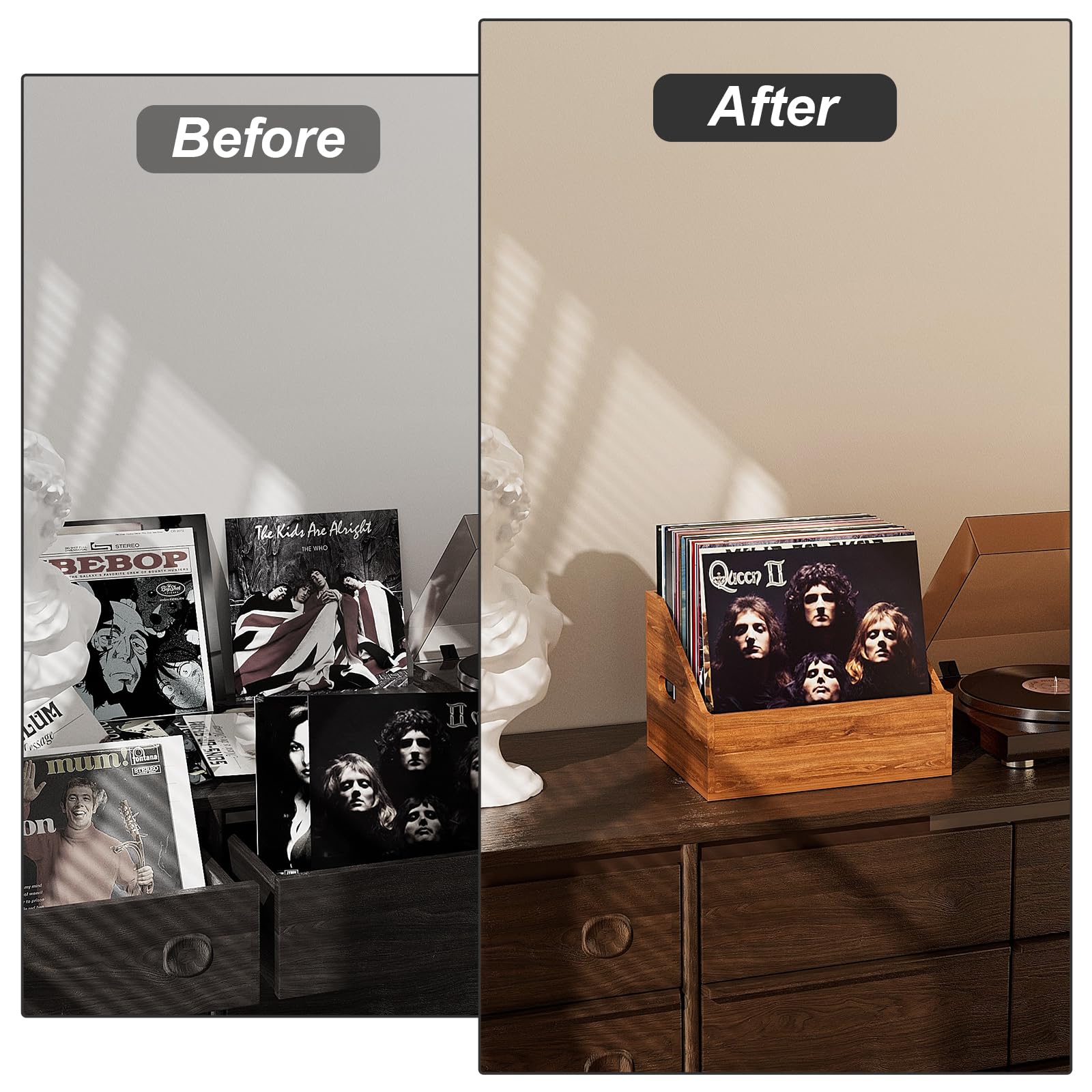 Boîte de rangement en bois pour disques vinyles, caisse rétro pour plus de 60 disques