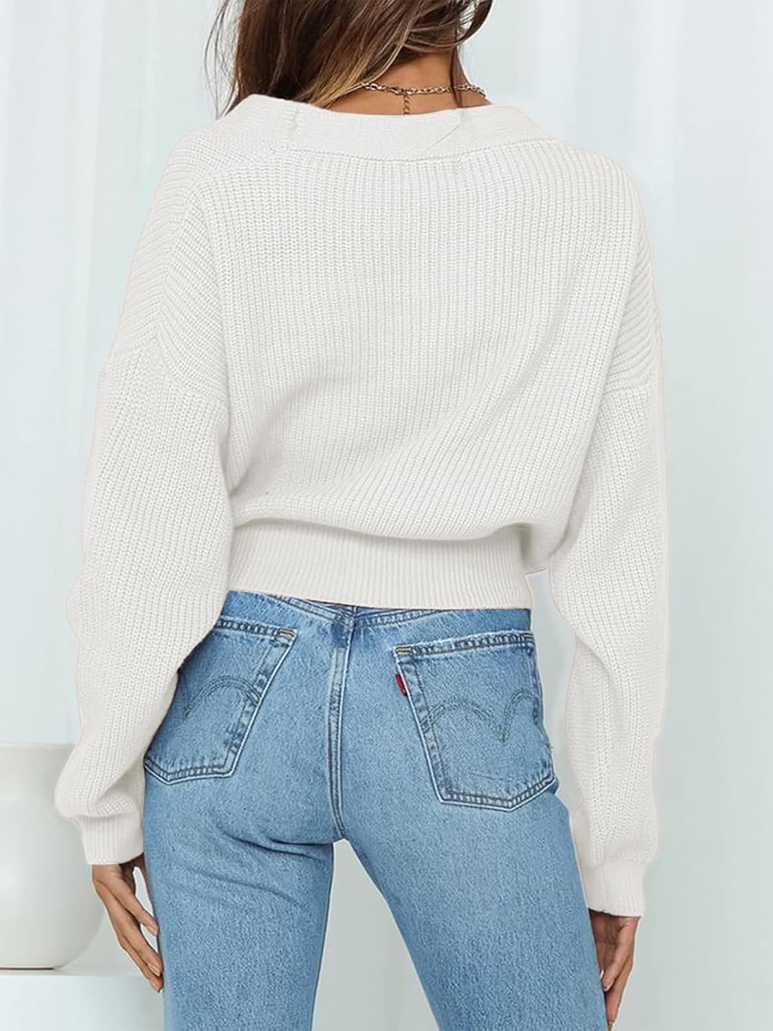 Womens Fall Sweaters 2026 Womens Casual V Neck Wrap Sweater Pullovers Lightweight Ribbed Drop Shoulder Knitted Warm Cozy Tops - Image 4