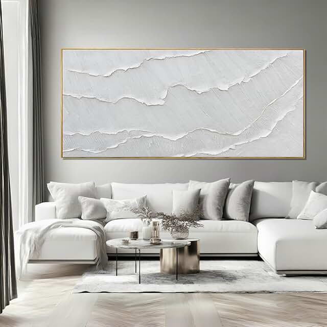MLART99 White Wave Wall Art Textured Canvas Minimalist Coastal Poster Mo...