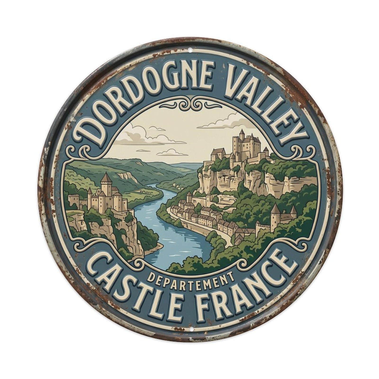 Dordogne Valley Castle France River Metal Tin Sign Plaque Wall Decor for Cafe, Club, Garden Round Metal Poster 8x8Inch