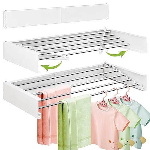 ZdwCyl Wall Mounted Clothes Drying Rack 32 inches,Foldbale Laundry Drying Rack Wall Mount,Drying Rack Clothing Space Saver,Retractable,Collapsible,Folding Laundry Rack,White