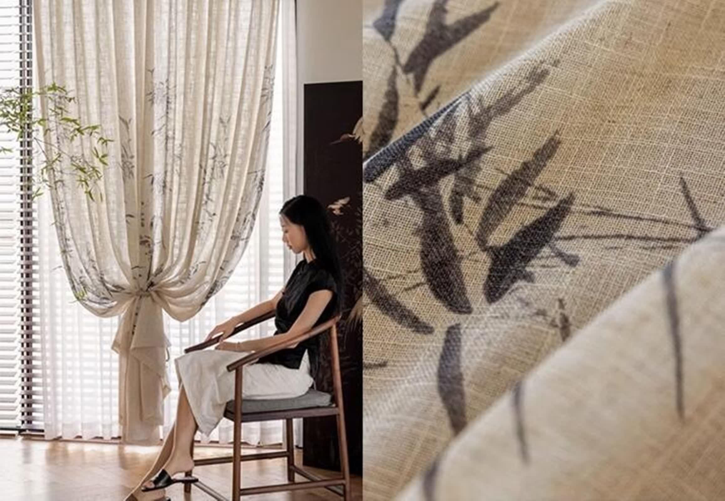 Rideau Fenetre Voilage, Lot de 2 Rideau Lin Beige Gris Noir Motif de Feuilles LxH 107x147cm