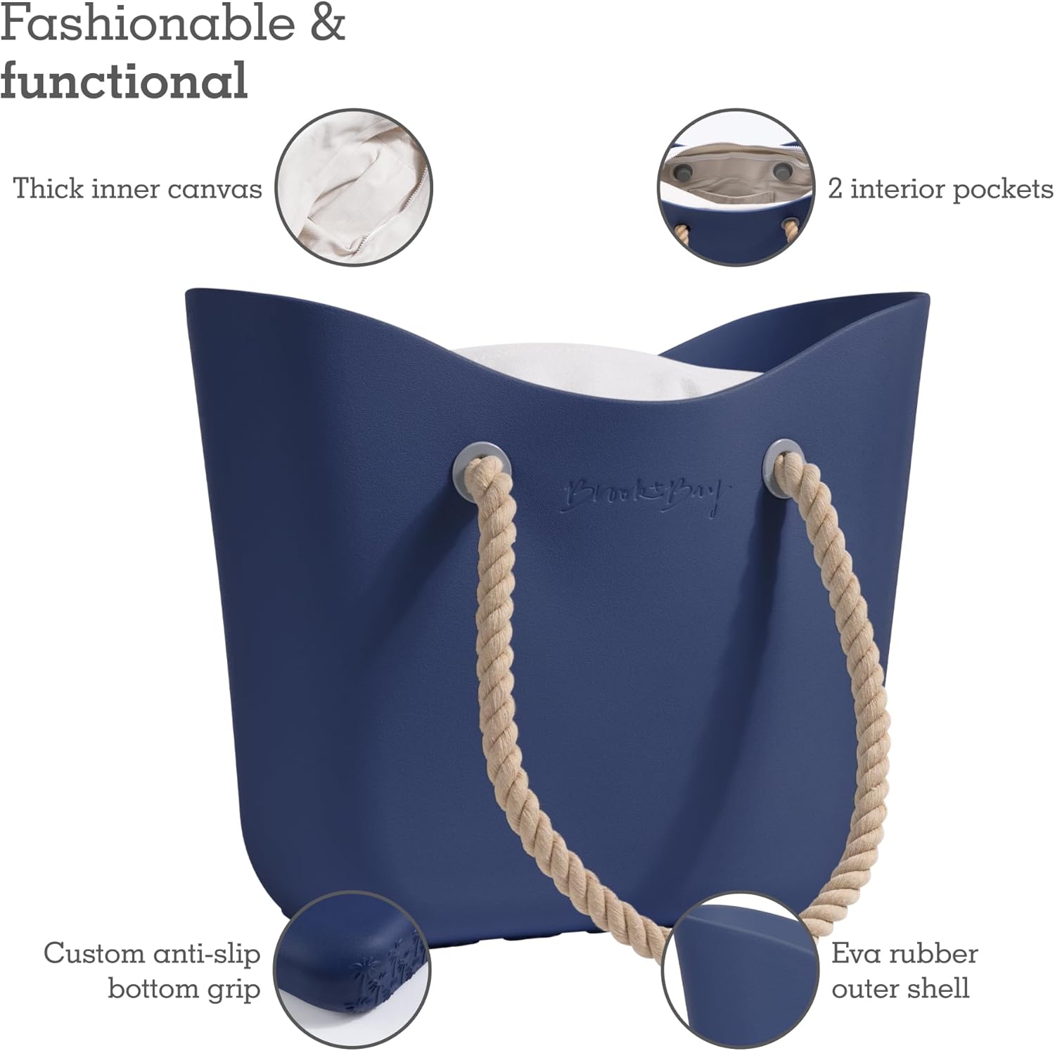 Brook + Bay Beach Bag Rubber Tote Bag with Zipper - Travel Bag, Beach Bags Waterproof Sandproof, Beach Bag for Women
