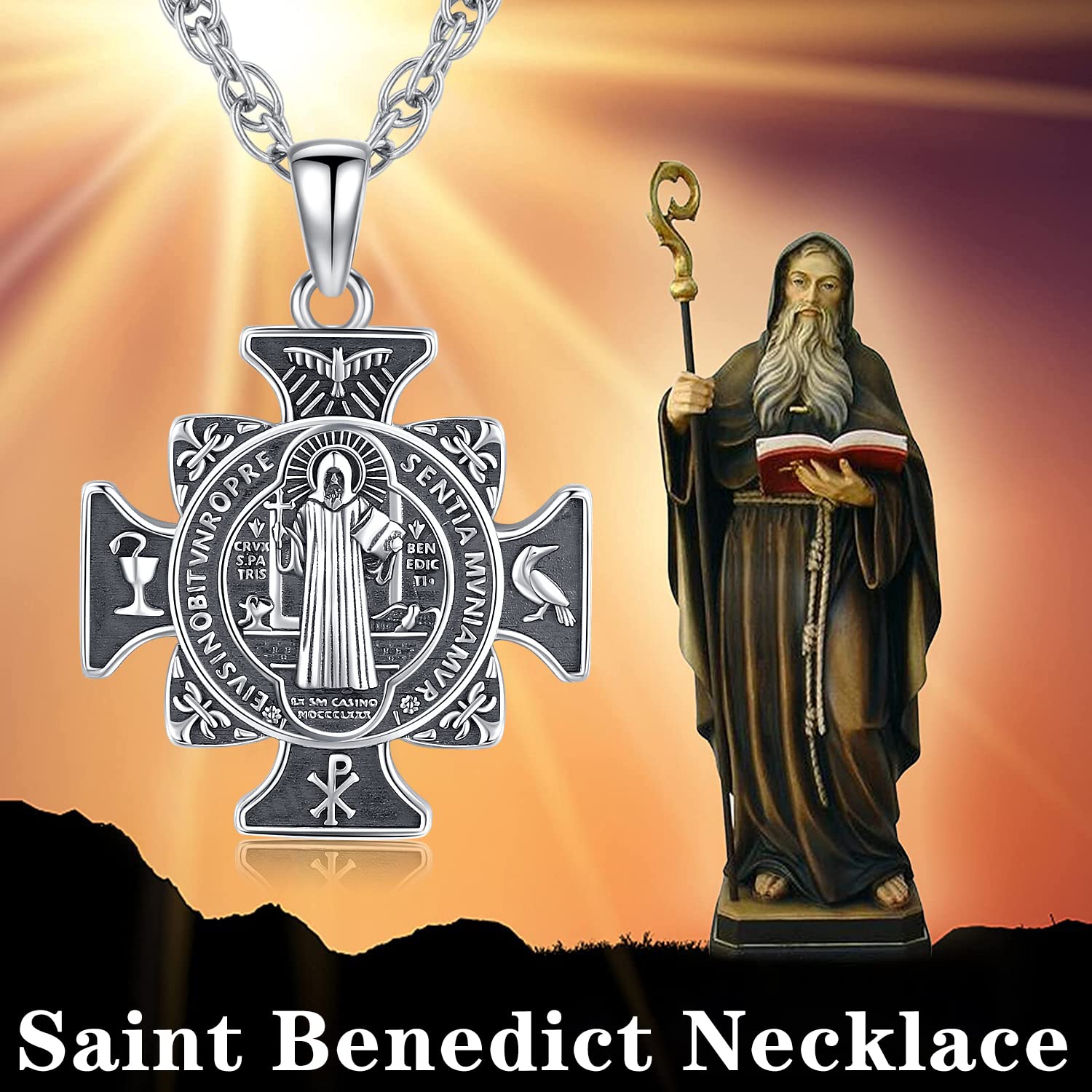 Saint Michael/Saint Christophorus/Heiliger Benedikt Kreuz Anhänger Halskette 925 Sterling Silber Erzengel St Michael Anhänger Religiöser Amulett Schmuck für Damen Herren
