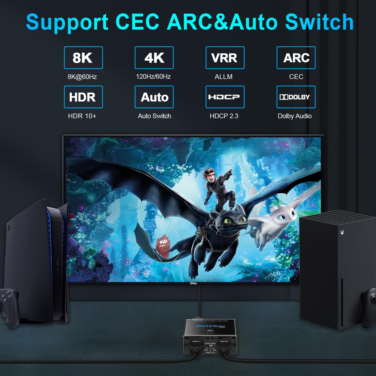 Extractor de audio HDMI 2.1 4K 120Hz VRR ALLM HDCP2.3 HDR10 ARC Convertidor de audio 2 en 1 - SPDIF 5.1 CH óptico Toslink - Breakout audio estéreo, repetidor digital para PS 5, Xbox X NVIDIA AMD