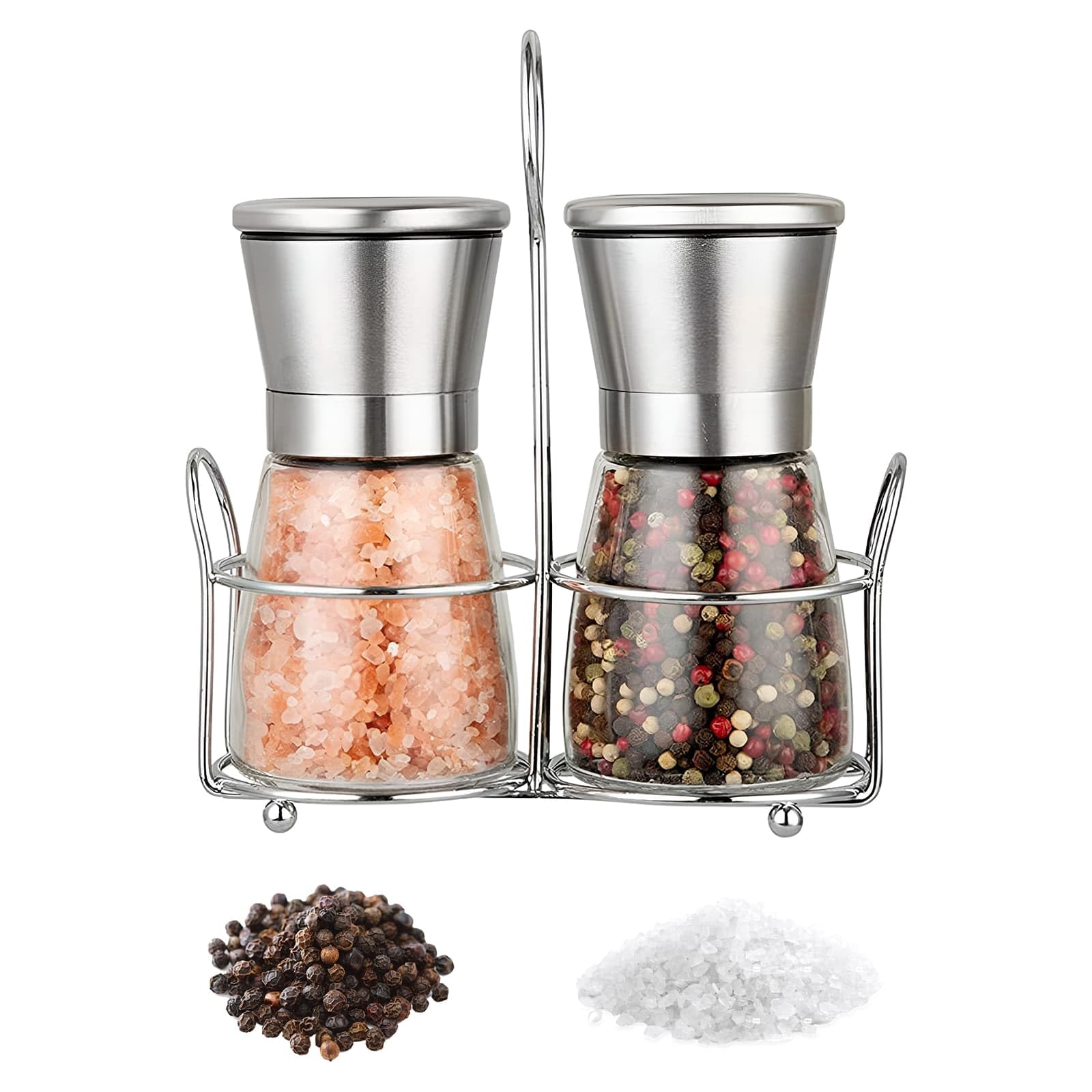 Salt and Pepper Grinder Set with Bracket, Stainless Steel Manual Grinder