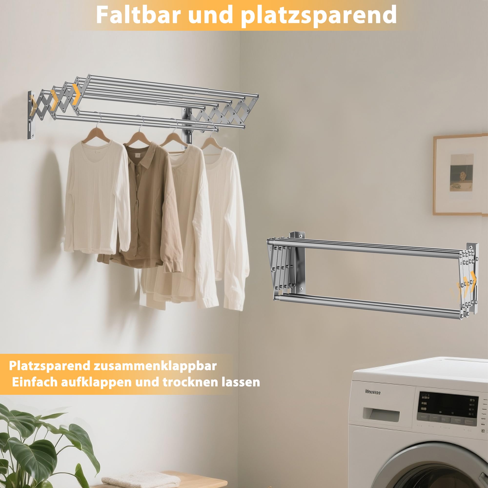 OUUTMEE Wand Wäscheständer Edelstahl Wandtrockner Ausziehbar, Vorderer und hinterer Teleskopbereich: 12~56cm, mit Sieben Zugstangen Tragfähigkeit 25kg (Silber)