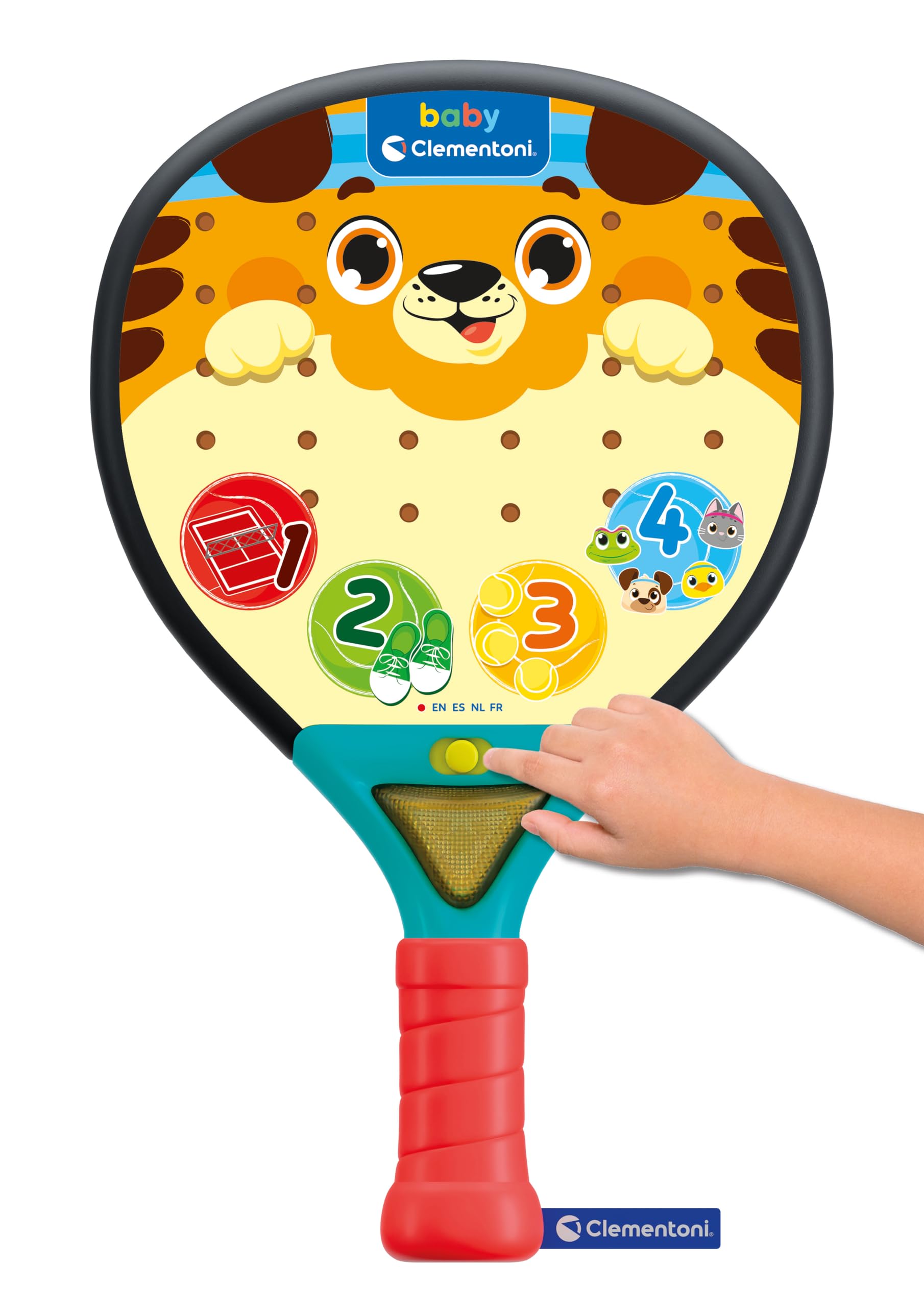 Clementoni Baby Raqueta Interactiva Baby Padel - Juguete Musical para Bebé con Luces, Sonidos y Sensor de Movimiento, Multilingüe, Niños +12 Meses