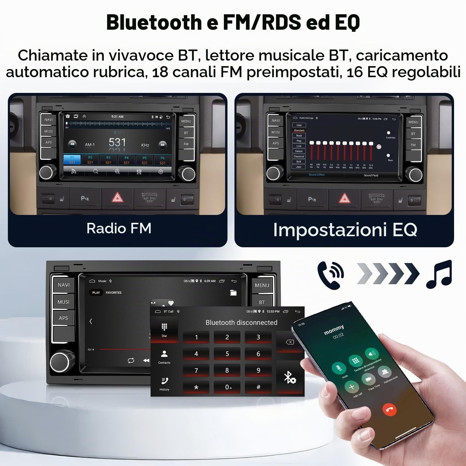 Hodozzy 2G+64G Android Autoradio per VW Touareg Transporter T5 Multivan 2004-2011 CarPlay Android Auto, Navigatore Touch Screen 7 Pollici Bluetooth Radio con GPS WiFi SWC FM/RDS/EQ + Telecamera