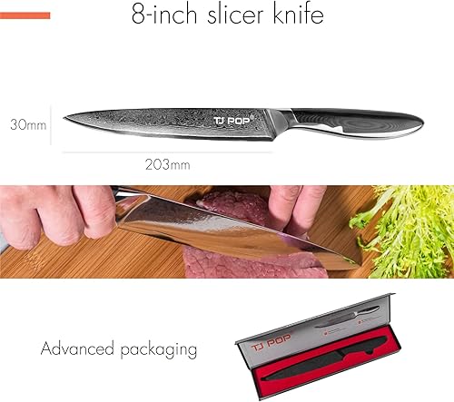 Miniatura 3 de TJ POP Cuchillo de tallado de Damasco para carne, cuchillo profesional de 8 pulgadas, diseño de espiga completa, hoja de acero japonesa VG-10, mango