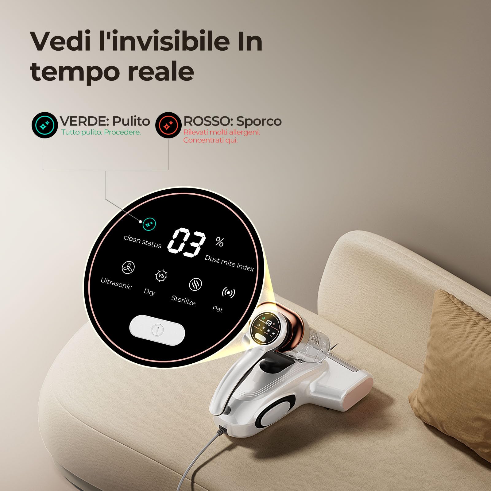 JIGOO J300 Battimaterasso,500W Aspiratore portatile intelligente per materassi, Aspirapolvere antiacaro con luce UV, rimuove il 99,9% degli allergeni, per materassi, letti, divani e mobili imbottiti