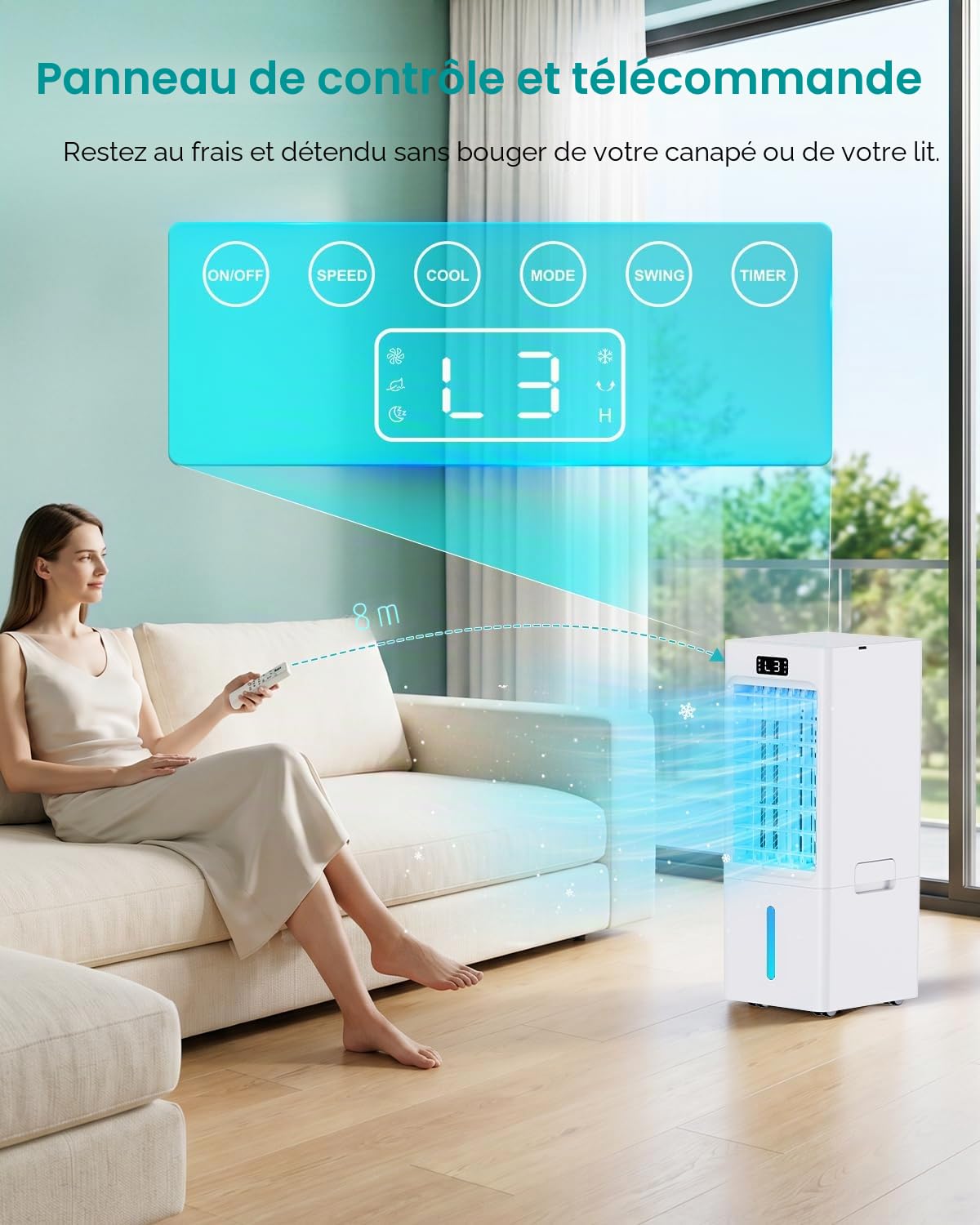 Climatiseur Mobile 4 en 1, Rafraîchisseur d'Air avec Réservoir 6L, 3 Vitesses 4 Modes, Minuterie 1-12H, 3 Vitesses 4 Modes, 4 Pack Glacons, Télécommande Incluse, pour Chambre, Salon, Bureau et Maison