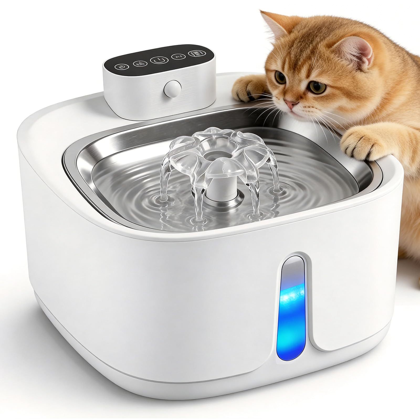 Katzenbrunnen Kabellos mit Bewegungsmelder 3.2L, 4000mAh Akku Trinkbrunnen für Katzen Edelstahl, Ultra-Leise Pumpe, Automatischer Wasserspender Katze, Hundetrinkbrunnen Filter, Weiß