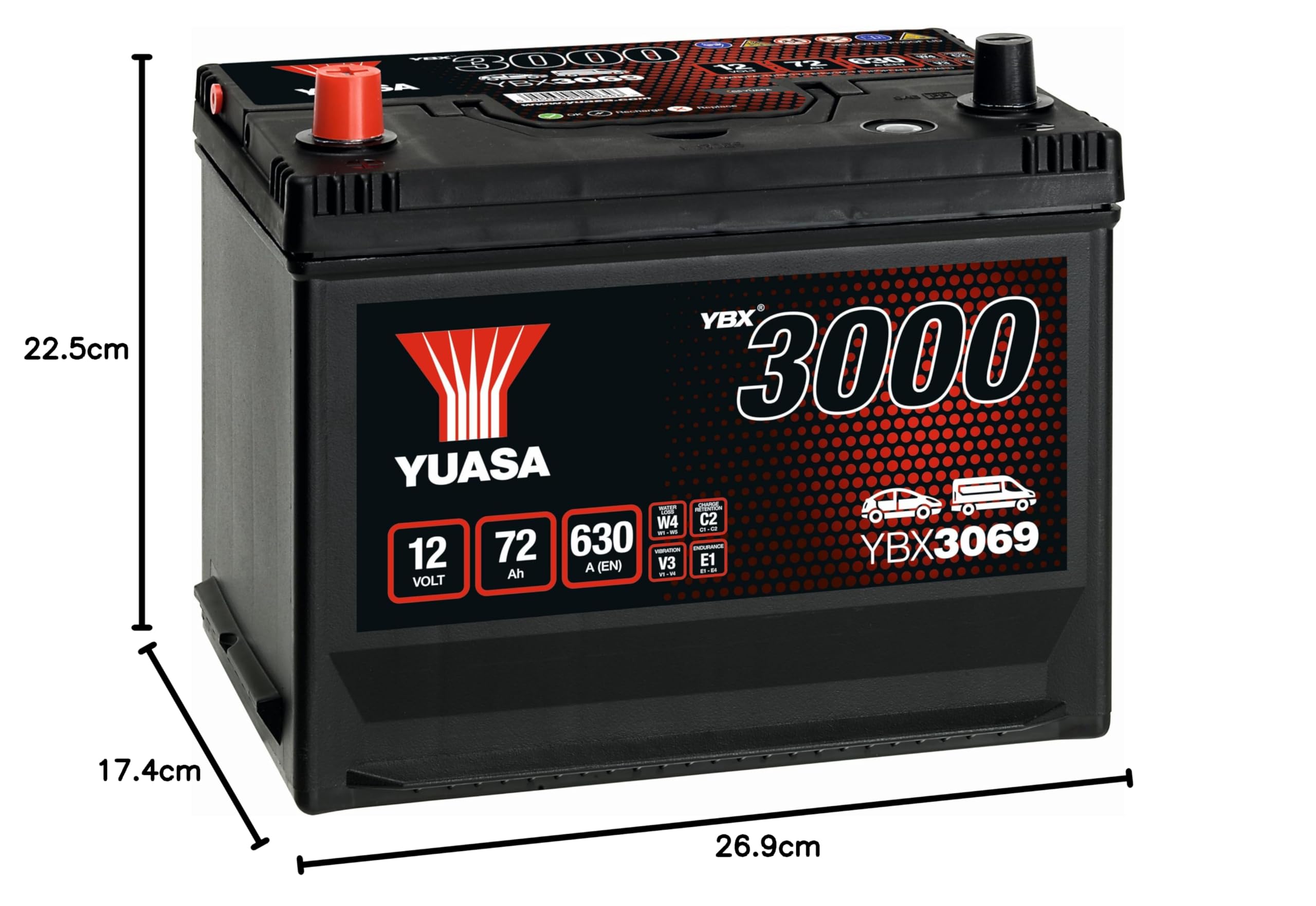 YUASA Batería 72, Ah 630, A/EN YBX3069 L 269mm B 174mm H 225mm Compatible con JEEP Grand Cherokee I ZJ, ZG, VOLVO 240 P242, P244, TOYOTA HILUX VI Pick-up N1, CHEVROLET NUBIRA Ranchera familiar