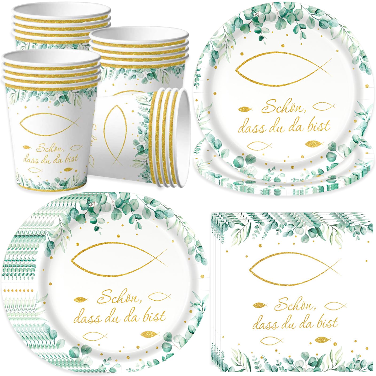 Bikasun Kommunion Deko Partygeschirr Set, Fisch Eukalyptus Servietten und Pappteller Becher, für Taufe, Konfirmation und mehr, für Mädchen Junge mit Spruch Schön dass du da bist