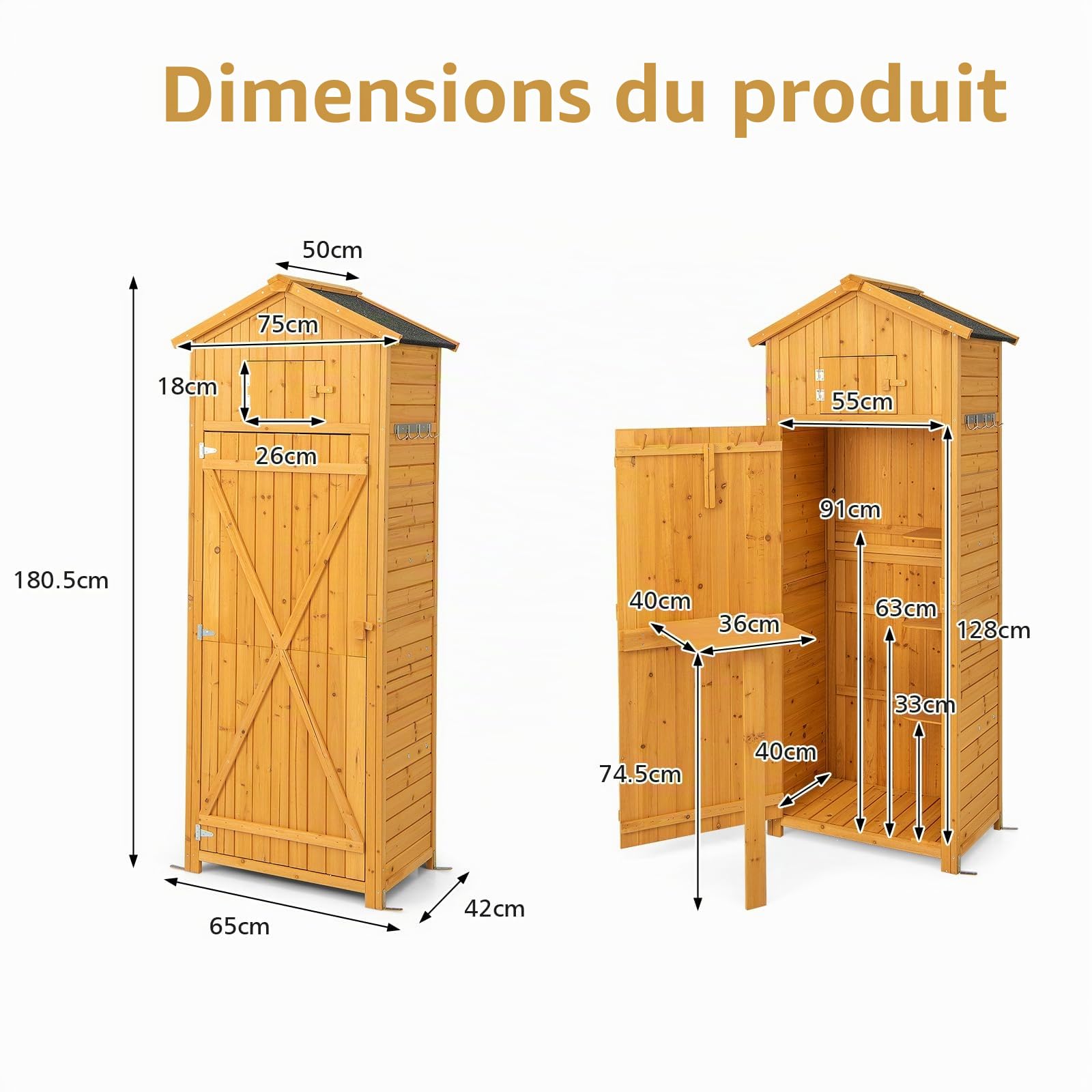 KOMFOTTEU Abri Outils d'Extérieur Bois, 8 Crochets Outils & Table Pliable