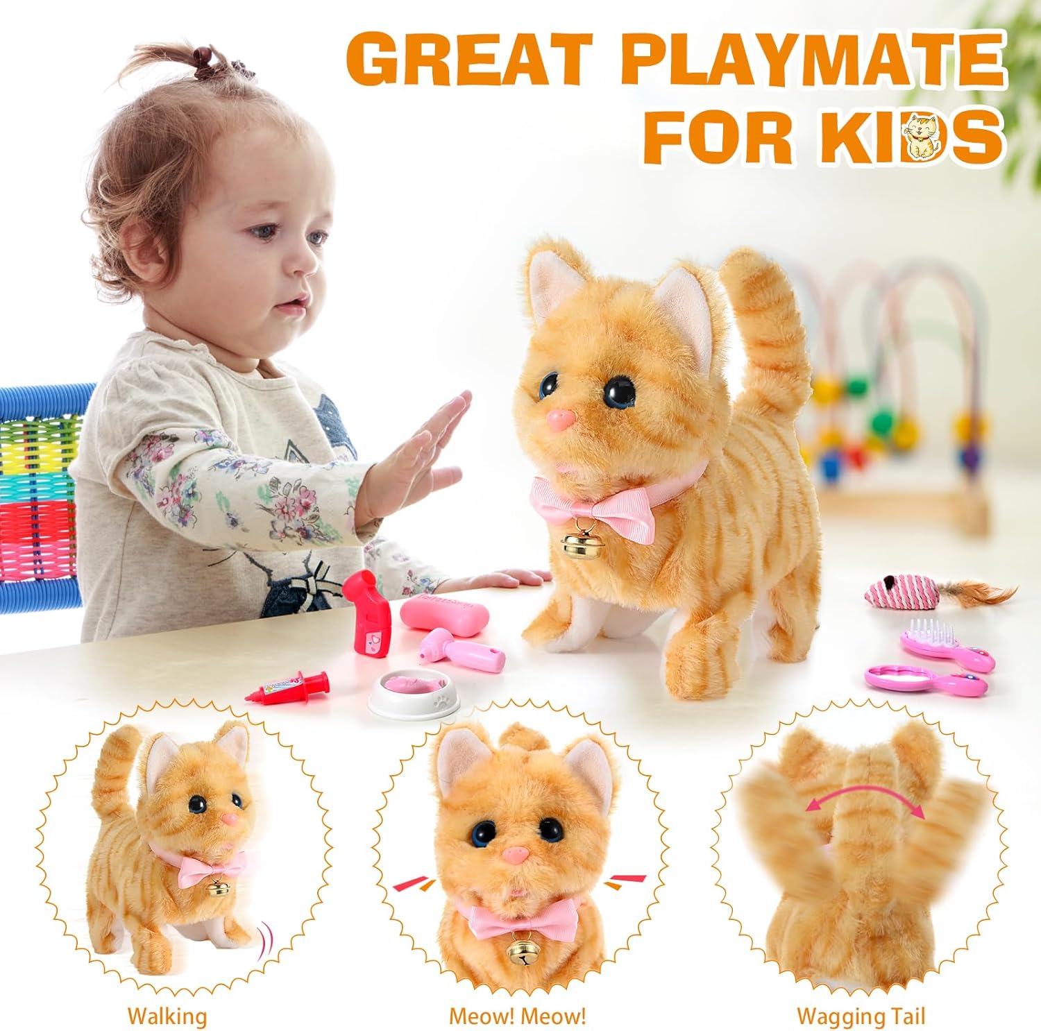 WorWoder 15PC Robot Plush Electronic Interactive Cats That Move and Meow Walking Wagging Lifelike Stuffed Kitten Toy pet for Girls Kid Parts(Yellow)