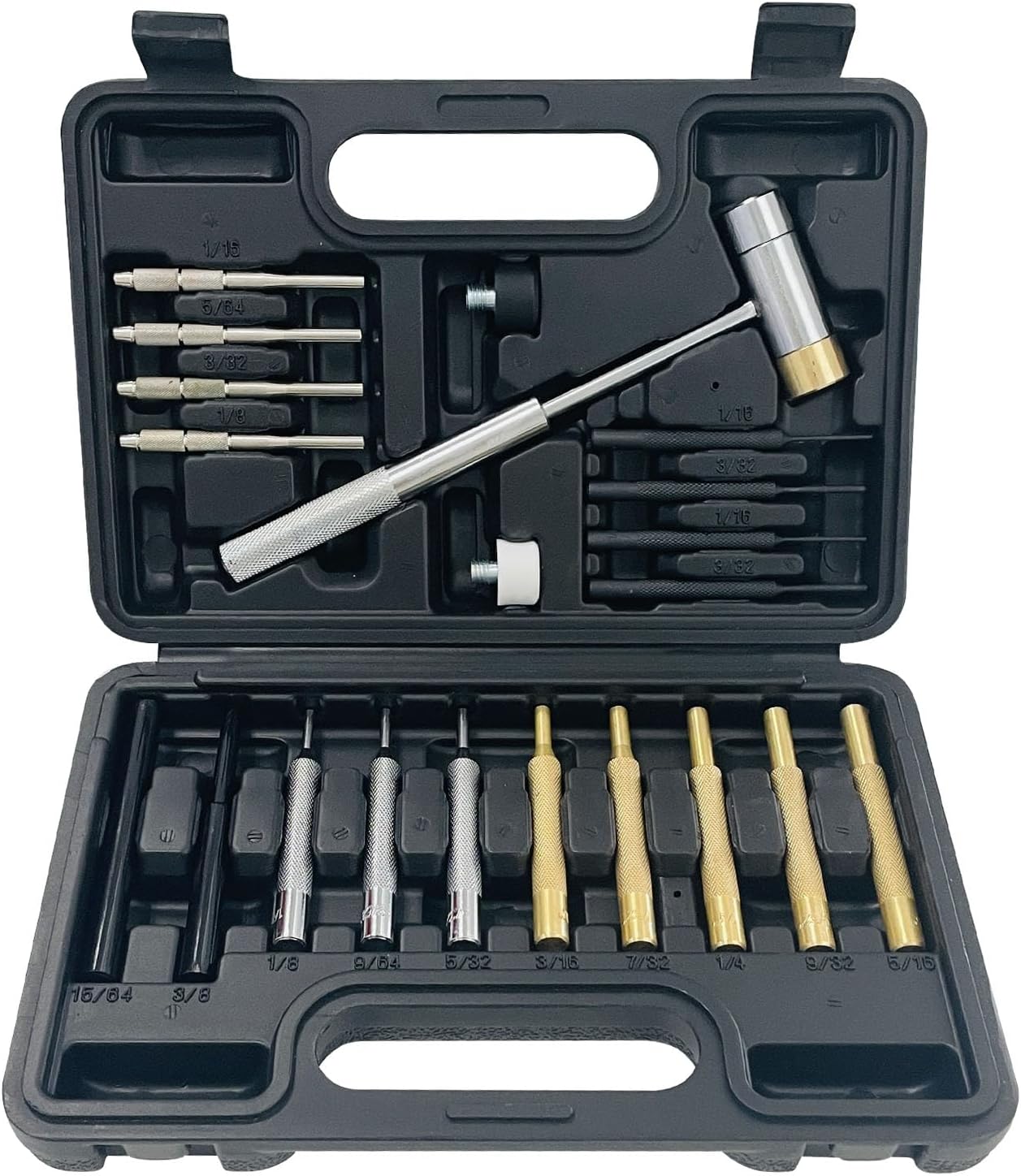 21 Pieces Roll Pin Punch Set, Pin Punch Set and Hammer with Brass, Hollow, Steel, Plastic Punches, Mechanical Repair Pin Punch Tools with Storage Case