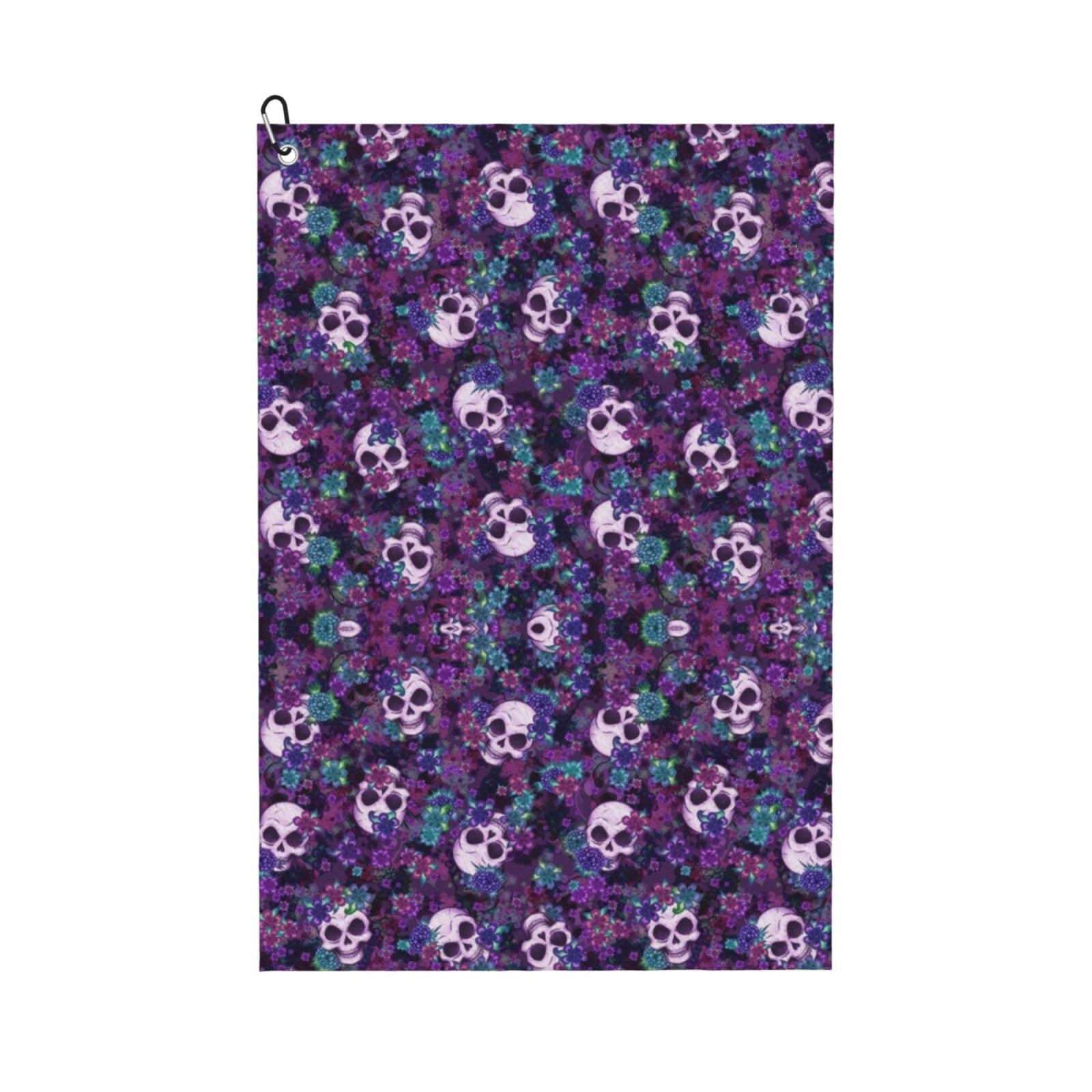 peiyeety Flowers and Skulls Purple Microfiber Golf Towel with Carabiner Clip, 16x24 Inch Absorbent Waffle Weave Towel for Golf Bags