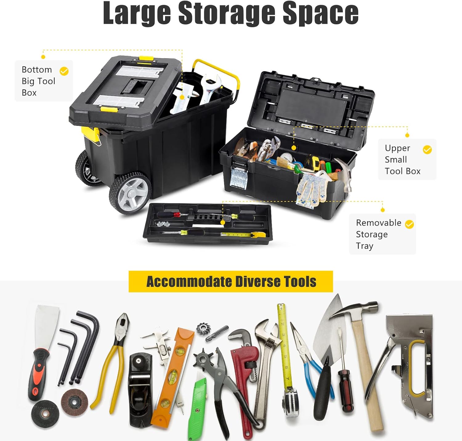 Goplus 2-in-1 Tool Box Portable Rolling Toolbox Storage Solution Multi-Purpose Plastic Organizer Set Mobile Workshop with Wheels