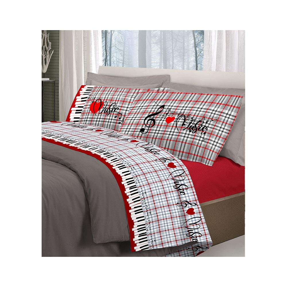 PENSIERI DELICATI Completo Letto Matrimoniale 100% Cotone, Completo Lenzuola Matrimoniali 180x200 Comprensivo di Lenzuolo sotto, sopra e 2 Federe, Made in Italy, Fantasia Music Rosso
