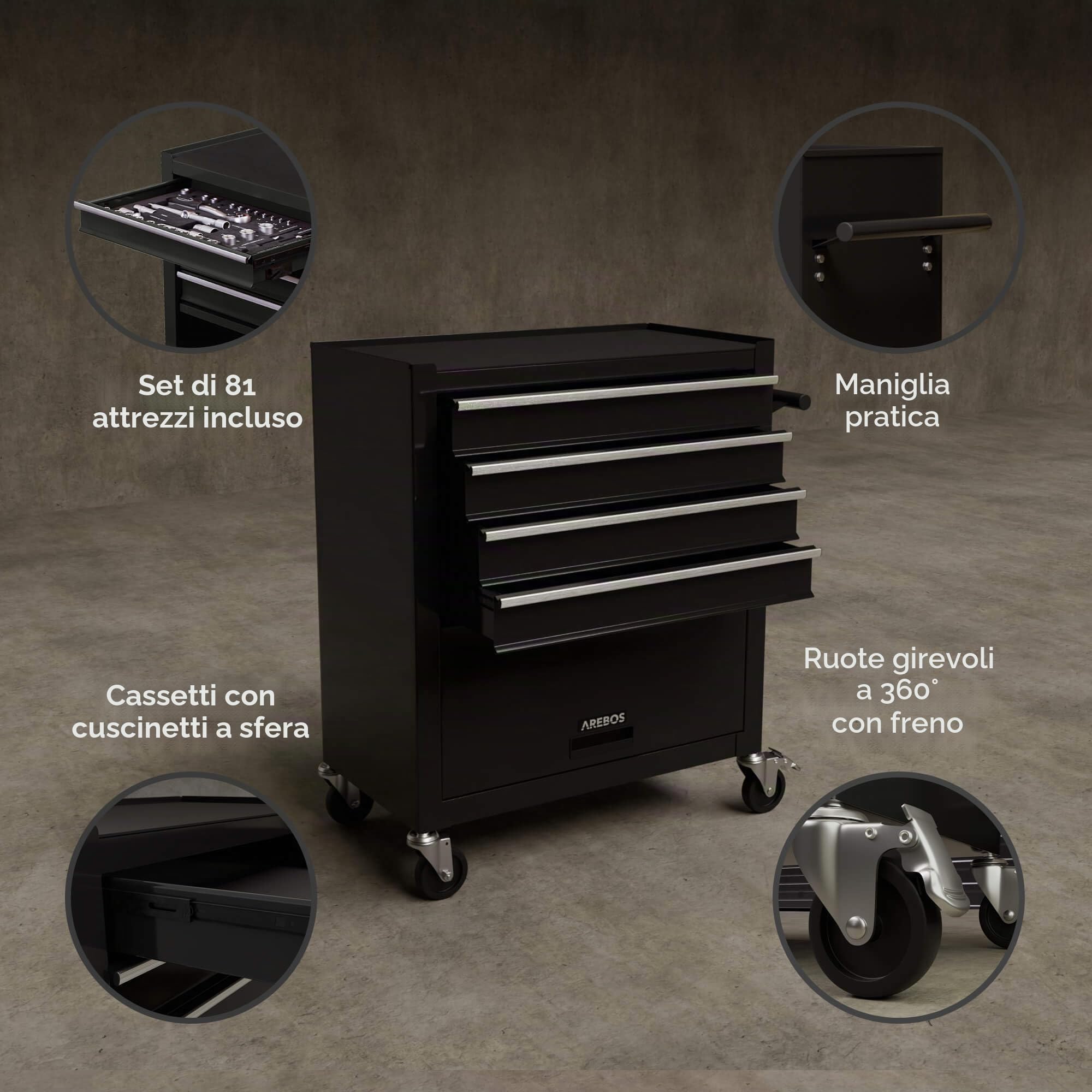 AREBOS Carrello da officina 4 scomparti 81 attrezzi portautensili con tappetini antiscivolo interlock 2 ruote freno Nero