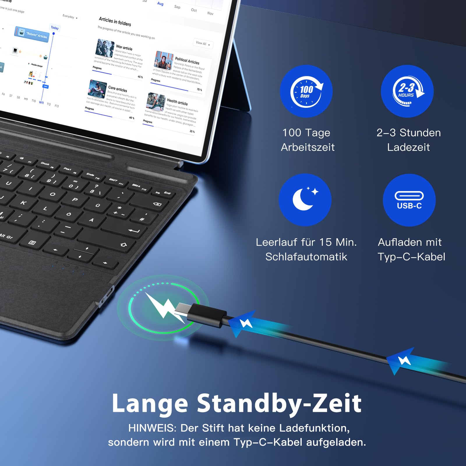 MoKo Deutsche Tastatur für Microsoft Surface Pro 12(13 Zoll 2026)/11/10/9/8/X, QWERTZ Layout Kabellose Bluetooth Typ Cover Tastatur mit Integriertem Wiederaufladbaren Akku Bluetooth Keyboard, Grau