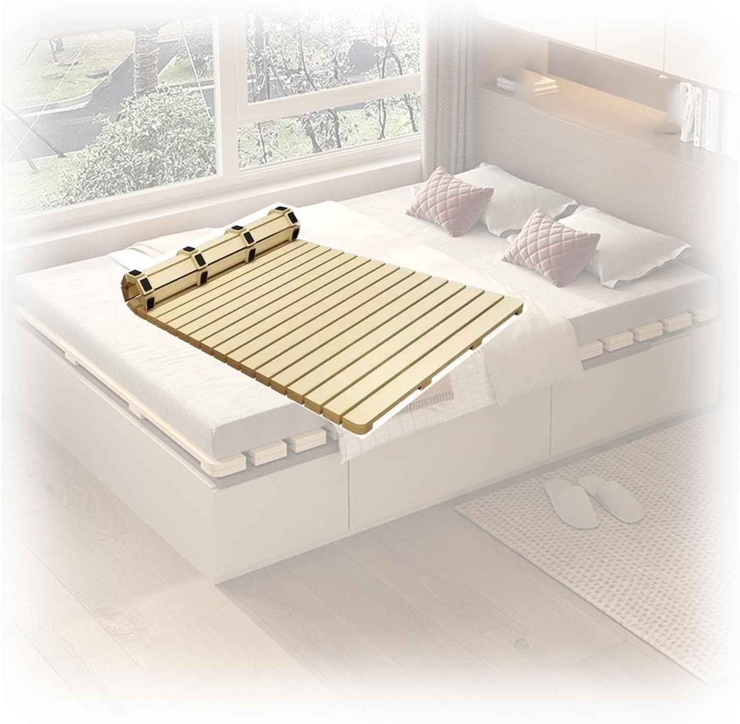Breathable Bed Plate Solid Wood Futon Frame FoldingJapanese Platform Bed Frame， Folding Bed Frame, Protection Hard Bedboard ，Foldable/Moisture-Proof and Breathable(WxL :70.8x74.8in/180x190cm