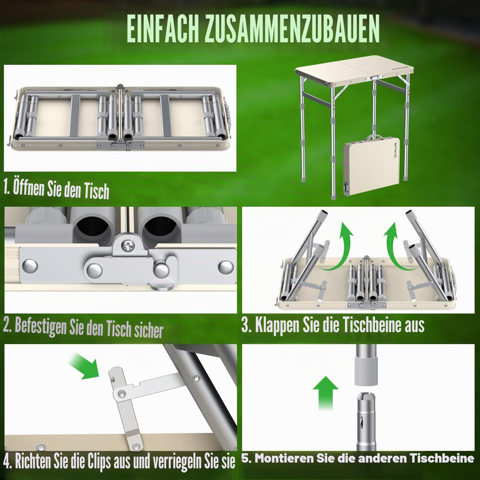 GARLLEN Campingtisch klappbar Klapptisch, 58x40cm & 3 Höhenverstellbar(26/48/70cm) ABS Wasserdichter Beistelltisch, Tragbar und leicht Grilltisch Picknicktisch Gartentisch für Camping, Angeln, Balkon