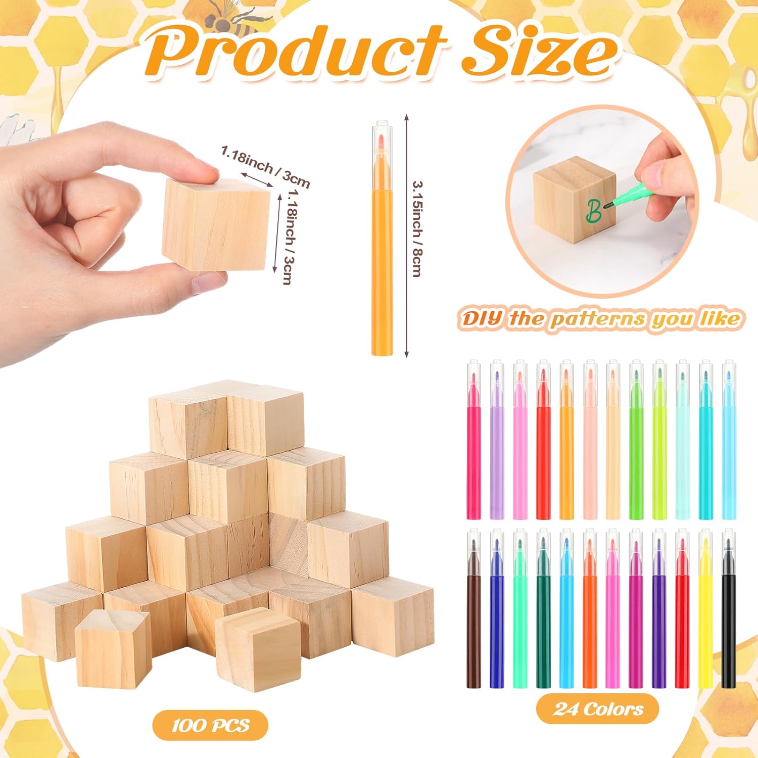 125 Pcs Baby Shower Decorate a Block Game Set Includes Help Us Build Memories Sign 100 DIY Blank Wooden Block 24 Paint Marker Prize for Wedding Baby Shower Game(Bee)