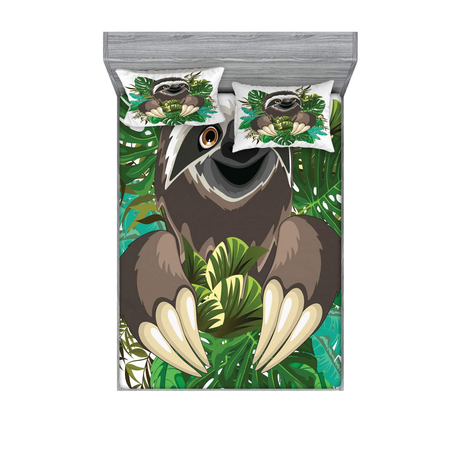 Ambesonne Sloth Fitted Sheet & Pillow Sham Set, Cartoon Mammal on Tropical Jungle Green Banana Leaves Character, Decorative Printed 3 Piece Bedding Decor Set, Calking, Chocolate Green Ivory